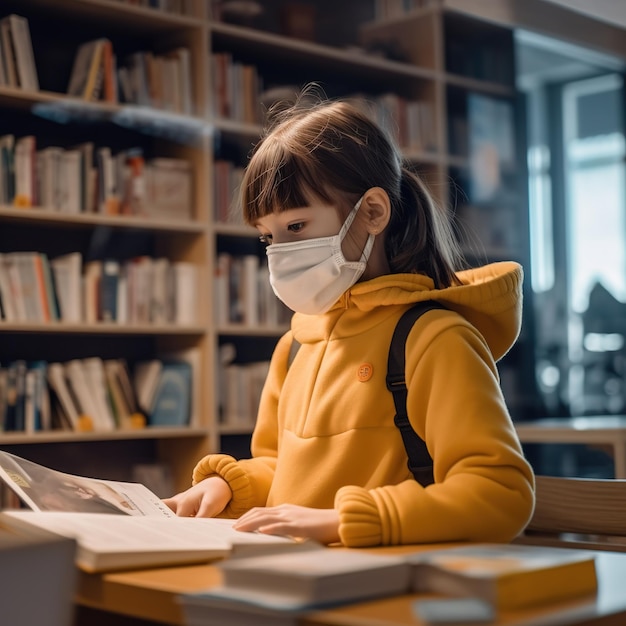 Młoda dziewczyna z maską na twarz patrząca na książkę w bibliotece