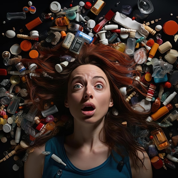 Młoda dziewczyna z opuchniętą twarzą wiele różnych rodzajów tabletek i kapsułek