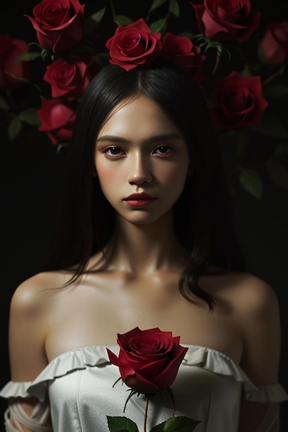 Młoda dziewczyna z piękną kwiatową dekoracją włosianych róż romantyczna tapeta tło ilustracją