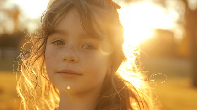 Młoda dziewczyna z radosnym wyrazem twarzy kąpała się w ciepłym złotym świetle jesiennego zachodu słońca otoczona jesiennymi liśćmi