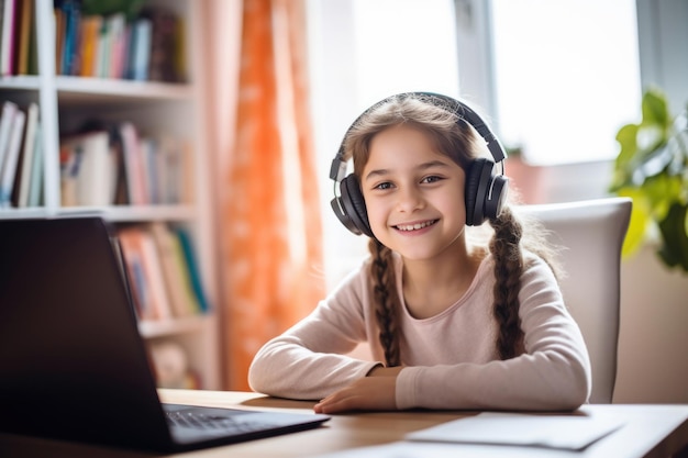 Młoda dziewczyna z słuchawkami na miejscu zagłębia się w swój laptop do nauki online Nawigacja w świecie edukacji cyfrowej i osobistego rozwoju