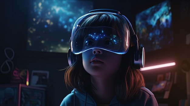 Młoda dziewczyna z zestawu słuchawkowego VR ilustracji sztuki cyfrowej Generative AI