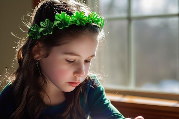 Młoda dziewczyna z zieloną opaską kwiatową siedzi przy stole.