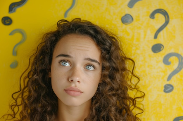Młoda dziewczyna z znakiem zapytania na żółtym tle generatywna sztuczna inteligencja