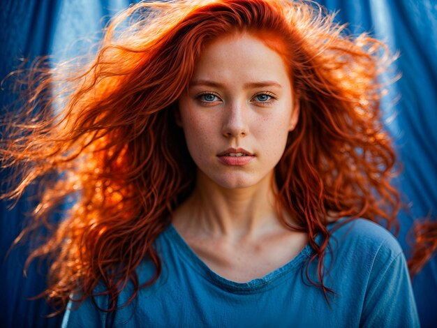 Zdjęcie młoda dziewczyna z żywymi czerwonymi włosami poczucie pewności siebie i siły