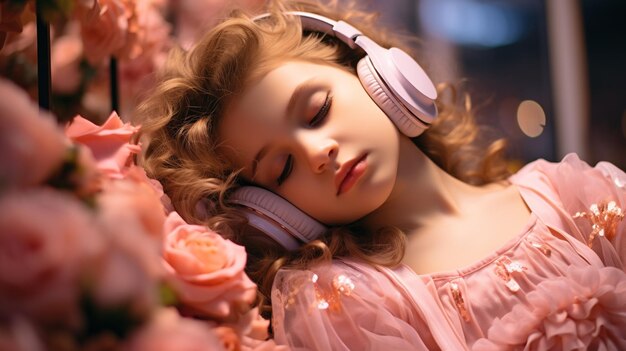 młoda dziewczyna ze słuchawkami HD 8k papier ścienny Obraz fotograficzny