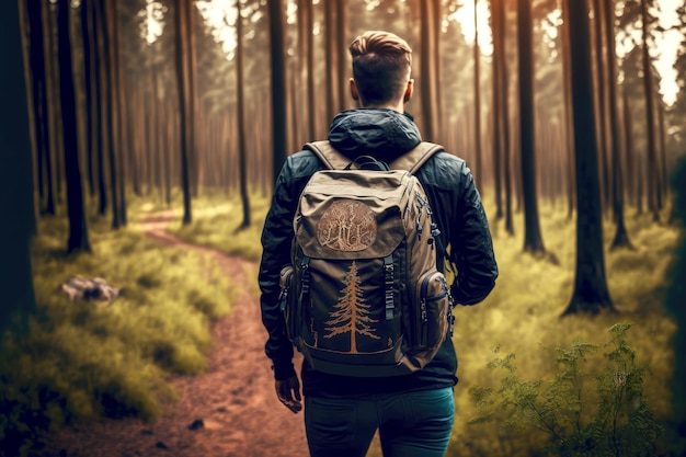 Młoda firma z plecakiem turystycznym spaceruje leśną ścieżką między drzewami
