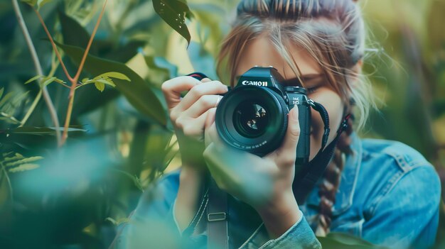 Zdjęcie młoda fotografka robi zdjęcia w lesie, trzyma profesjonalny aparat i patrzy przez wizjer.