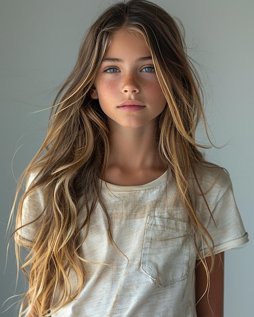 Zdjęcie młoda francuska dziewczyna w neutralnych szarych tapetach