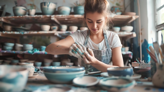 Młoda garncarka pracuje w swoim atelierze, ostrożnie glazuruje miskę, a na stole jest wiele misek i talerzy.