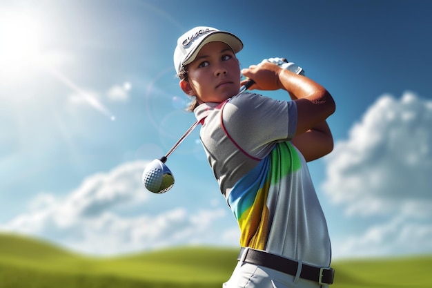 Młoda golfistka grająca na polu golfowym w słoneczny dzień