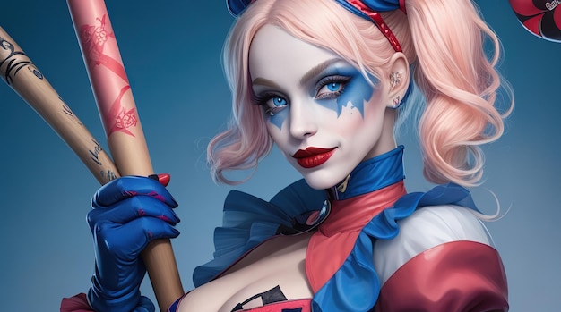 Młoda Harley Quinn cosplay kobieta nosząca niebieskie czerwone i białe ubrania i trzymająca pałeczki