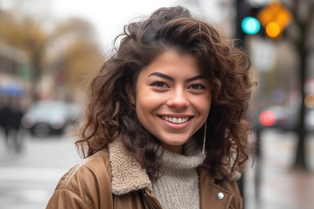 Młoda hiszpańska kobieta uśmiecha się do kamery, stojąc na chodniku stworzonym za pomocą sztucznej inteligencji generatywnej