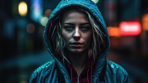 Młoda i stylowa piękna kobieta portret zbliżenie Ona chodzi po mieście cyberpunk