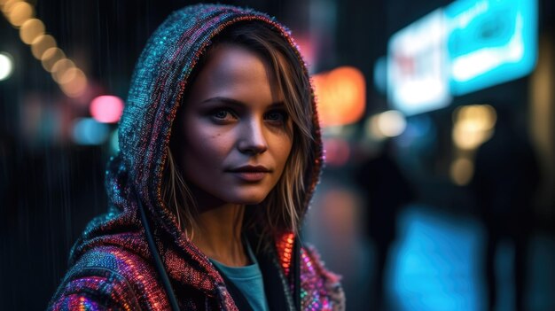 Młoda i stylowa piękna kobieta portret zbliżenie Ona chodzi po mieście cyberpunk