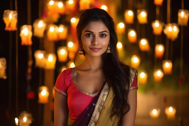 Młoda indyjska kobieta uśmiecha się na rozmycie jasnego tła
