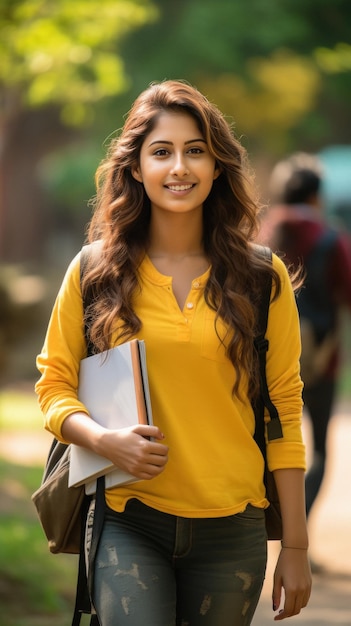 Zdjęcie młoda indyjska studentka trzyma plecak i książki i wyraża radość