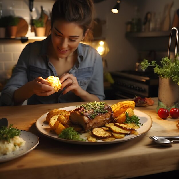 Młoda influencerka kulinarna fotografuje swój stek z zapiekanką ziemniaczaną i warzywami