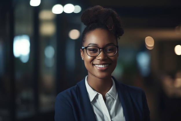 Młoda inteligentna afrykańska bizneswoman uśmiecha się twarz stojąca w rozmytym tle ruchliwego biura Generative AI AIG20