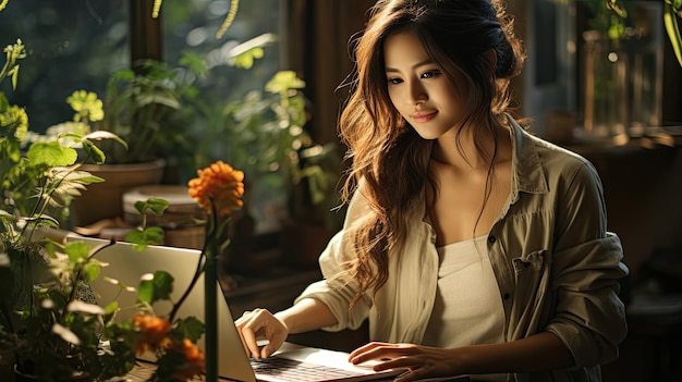 Młoda inteligentna Azjatka Freelance Online Pracuje w domu z laptopem