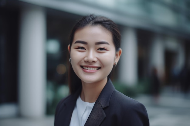 Młoda inteligentna azjatycka bizneswoman uśmiechnięta twarz stojąca w rozmytym tle nowoczesnego biurowca Generative AI AIG20