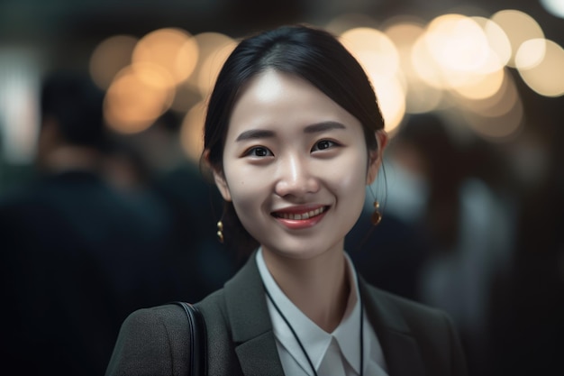 Młoda inteligentna azjatycka bizneswoman uśmiechnięta twarz stojąca w rozmytym tle ruchliwego biura Generative AI AIG20