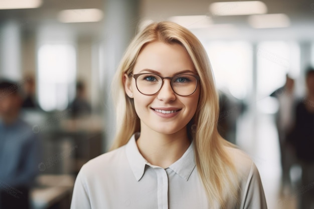 Młoda inteligentna szwedzka bizneswoman uśmiechnięta twarz stojąca w rozmytym tle ruchliwego biura Generative AI AIG20