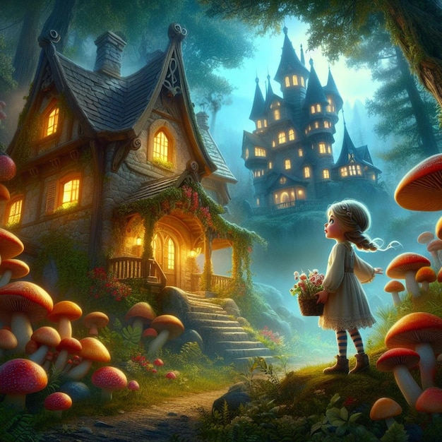 Zdjęcie młoda isabella odkrywa tajemniczy dom duchów położony między wysokiemi grzybami wygenerowanymi przez sztuczną inteligencję.