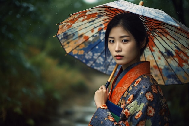 Młoda Japonka ubrana w kimono i trzymająca parasolkę