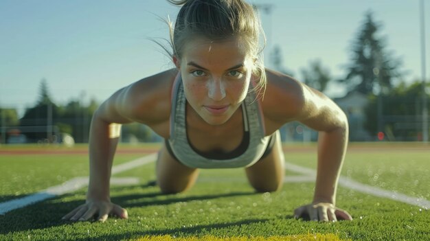 Zdjęcie młoda kaukaska kobieta robiąca pushupy na boisku sportowym.