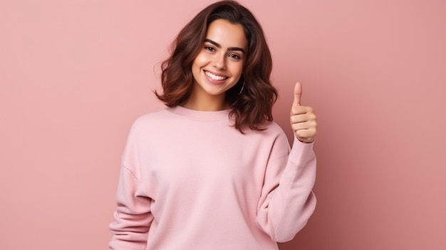 Młoda kaukaska kobieta w zwykłym różowym swetrze uśmiecha się z szczęśliwym chłodnym palcem wskazującym palec twarzą na bok i pokazując coś