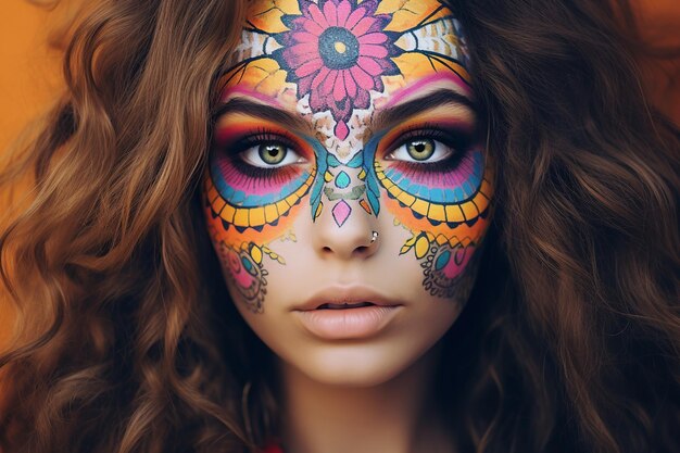 Młoda kaukazyjska hippie z kolorowym, pomalowanym makijażem w eklektycznym stylu earthcore