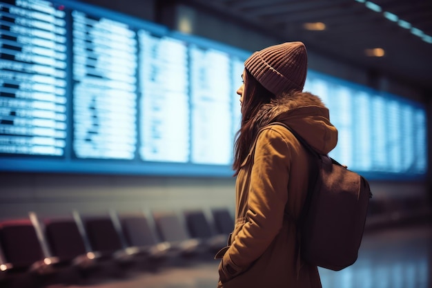 Młoda kaukazyjska kobieta przed tablicą informacyjną na lotnisku