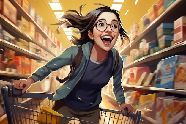 Młoda kobieta biegająca po alejkach supermarketów Generacyjna sztuczna inteligencja