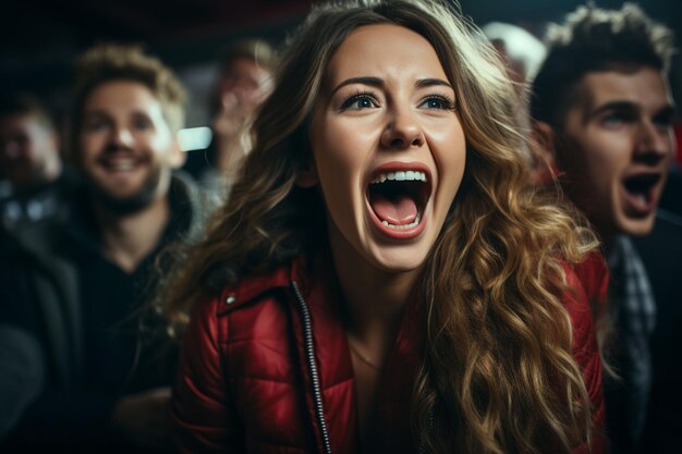 Młoda kobieta cheering dla drużyny piłkarskiej