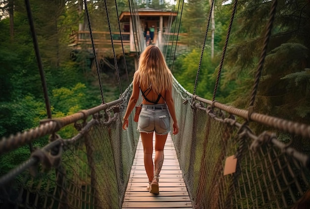 Młoda kobieta chodząca po wiszącym moście w lesie