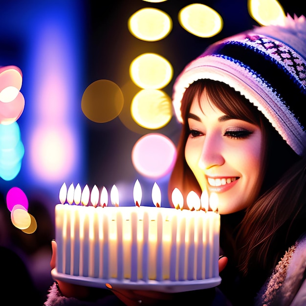 Zdjęcie młoda kobieta ciesząca się świecami z festiwalu chanuka generatywną ai