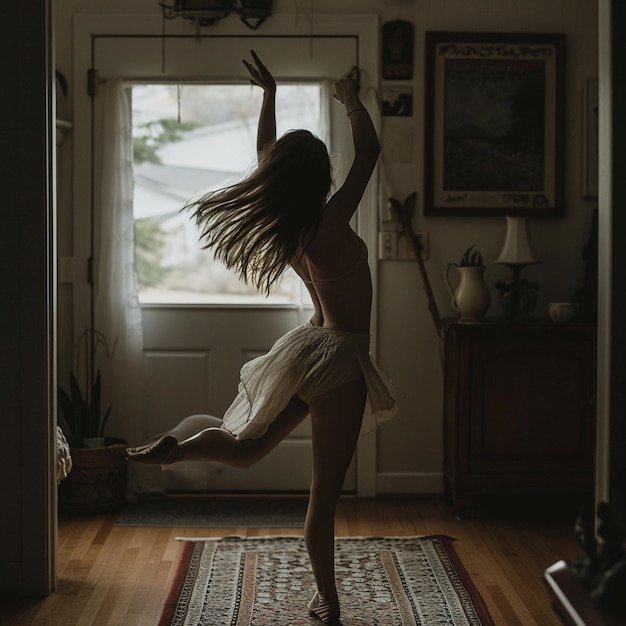 Młoda kobieta ćwiczy swoje baletowe kręcenia w przednim pokoju swojego domu
