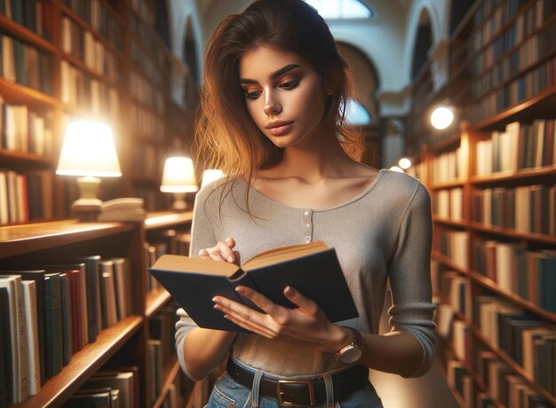 Młoda kobieta czyta książkę w bibliotece