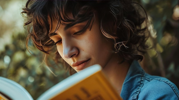 Zdjęcie młoda kobieta czyta książkę w parku