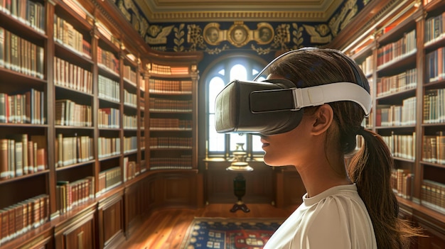 Młoda kobieta doświadcza wirtualnej rzeczywistości w eleganckim klasycznym otoczeniu biblioteki