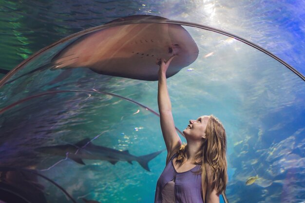 Młoda Kobieta Dotyka Płaszczki W Tunelu Oceanarium.