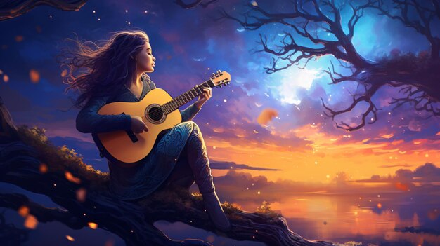 Młoda kobieta grająca na gitarze dla magicznego drzewa przeciwko