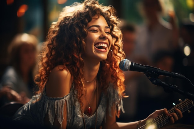 Zdjęcie młoda kobieta grająca na gitarze i śpiewająca do mikrofonu w barze