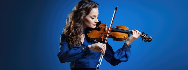 Młoda kobieta grająca na skrzypcach na niebieskim tle