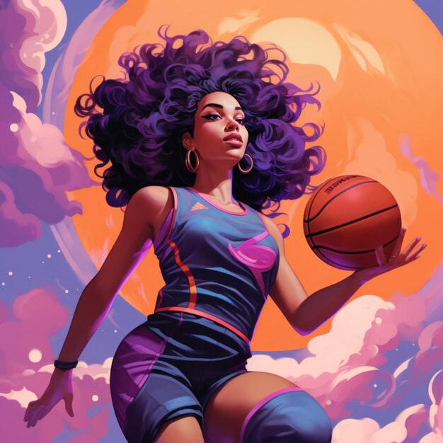 Młoda kobieta grająca w koszykówkę Piękna afroamerykańska koszykarka w ruchu i akcji