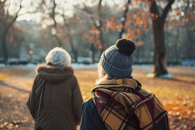 młoda kobieta i babcia spacerują po parku zimą