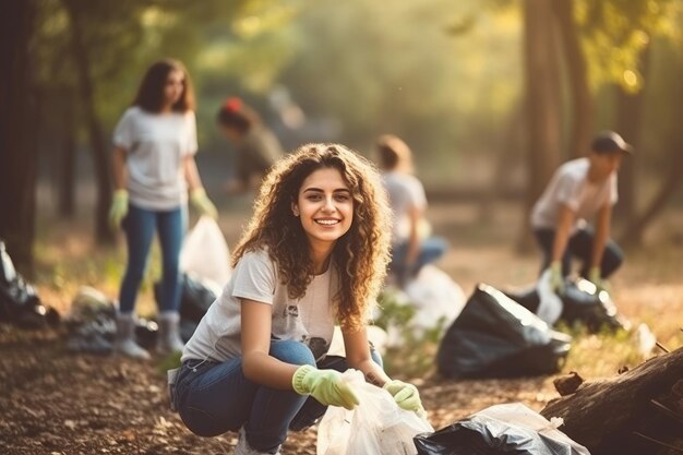 Młoda kobieta i zespół wolontariuszy biorą udział w projekcie sprzątania śmieci i segregacji odpadów w ramach koncepcji Światowego Dnia Środowiska na świeżym powietrzu