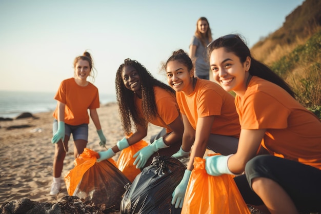 Młoda kobieta i zespół wolontariuszy biorą udział w projekcie sprzątania śmieci i segregacji odpadów w ramach koncepcji Światowego Dnia Środowiska na świeżym powietrzu