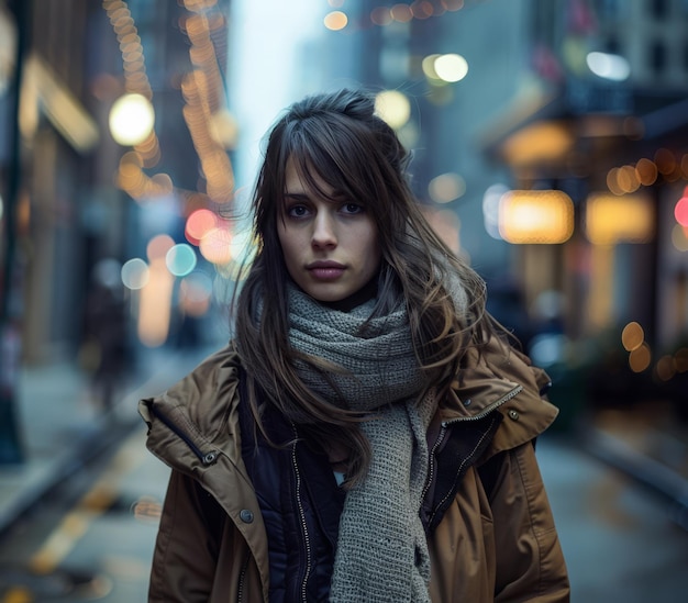 Młoda kobieta idąca ulicami ruchliwego miasta